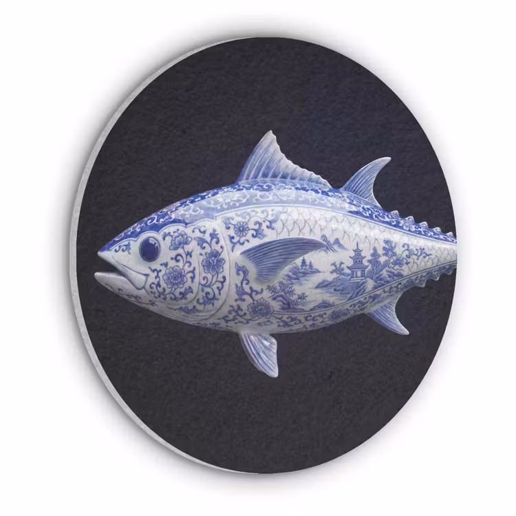Porselein - Tonijn - Delfts - Blauw Akoestische PET Vilt - Rond klein -3d