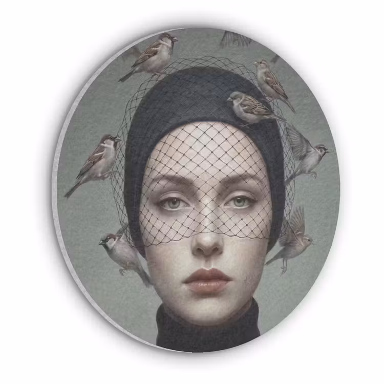Portret - Vogels - Zwart Akoestische PET Vilt - Rond klein -3d