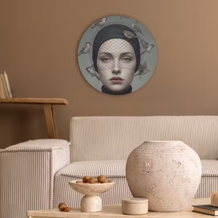 Portret - Vogels - Zwart Akoestische PET Vilt - Rond klein -sfeer1