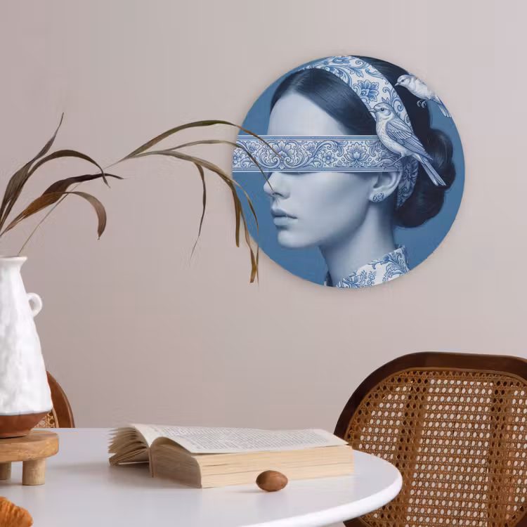 Portret - Klassiek - Wit - Blauw Akoestische PET Vilt - Rond klein -sfeer3