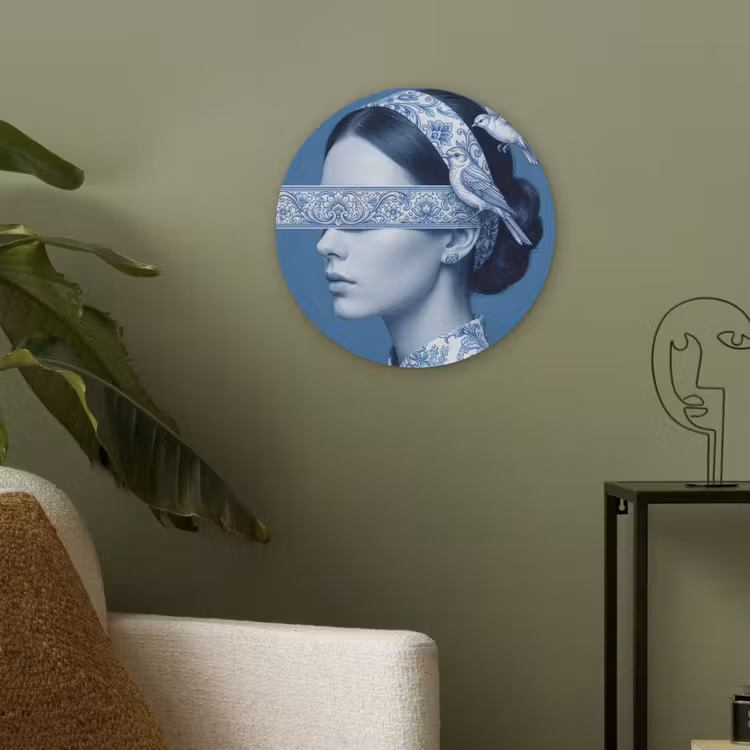Portret - Klassiek - Wit - Blauw Akoestische PET Vilt - Rond klein -sfeer2