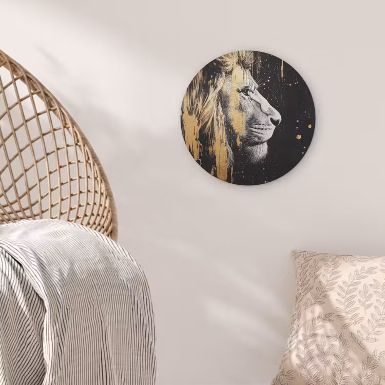 Portret - Leeuw - Abstract - Goud Akoestische PET Vilt - Rond klein -sfeer4