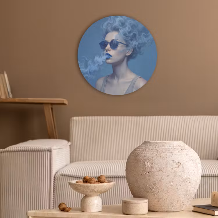 Portret - Zonnebril - Rook - Abstract - Blauw Akoestische PET Vilt - Rond klein -sfeer1