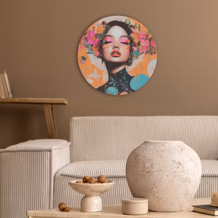 Portret - Vrouw - Abstract - Bloemen Akoestische PET Vilt - Rond klein -sfeer1