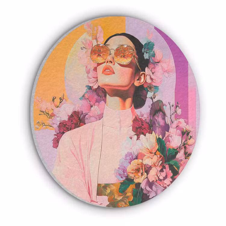 Portret - Vrouw - Abstract - Bloemen Akoestische PET Vilt - Rond klein -3d
