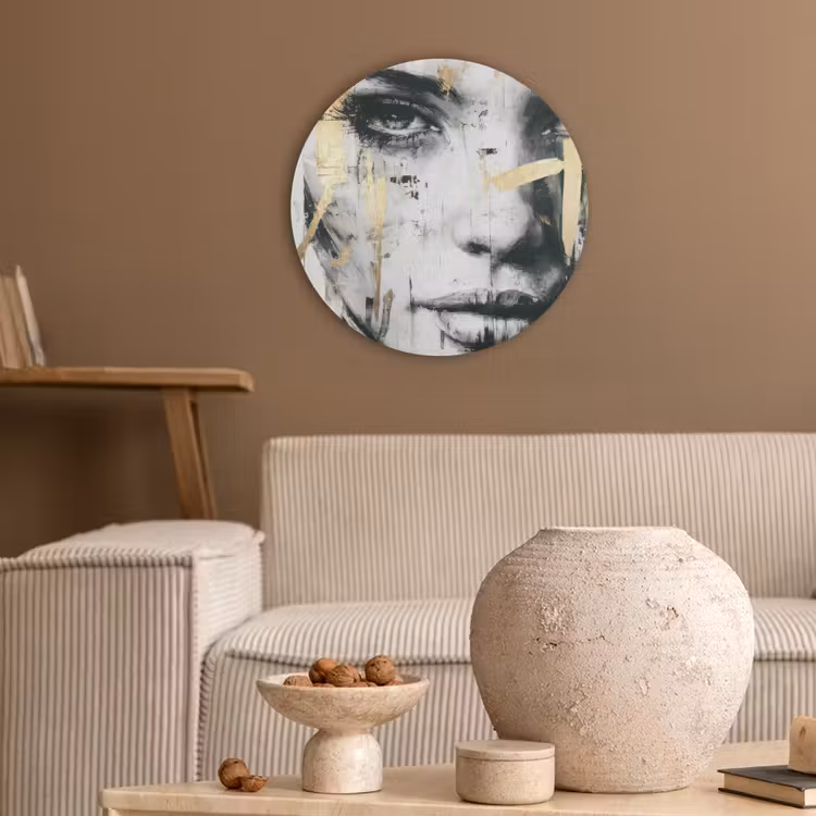 Portret - Vrouw - Penseelstreken - Goud Akoestische PET Vilt - Rond klein -sfeer1