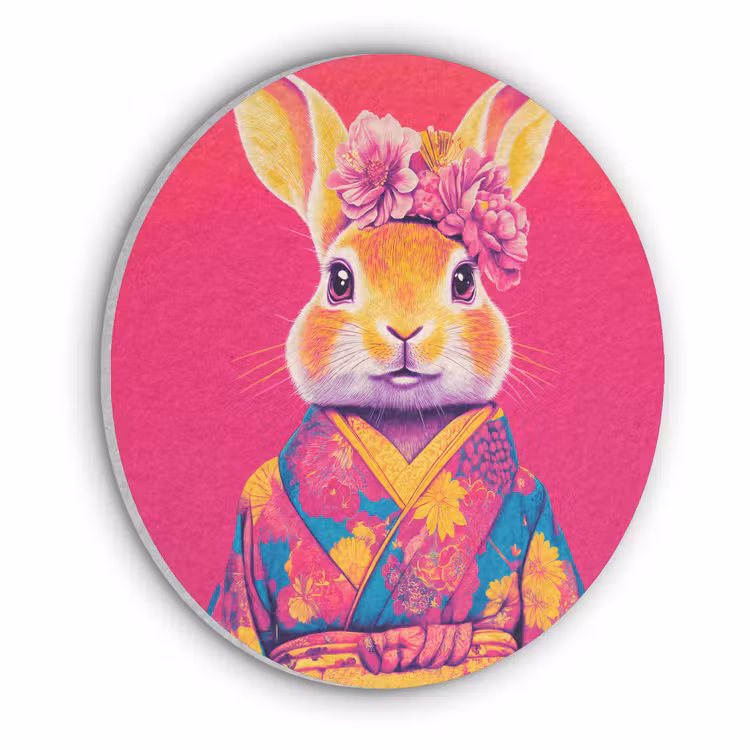 Konijn - Bloemen - Kleurrijk - Kimono Akoestische PET Vilt - Rond klein -3d