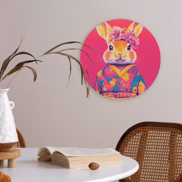 Konijn - Bloemen - Kleurrijk - Kimono Akoestische PET Vilt - Rond klein -sfeer3