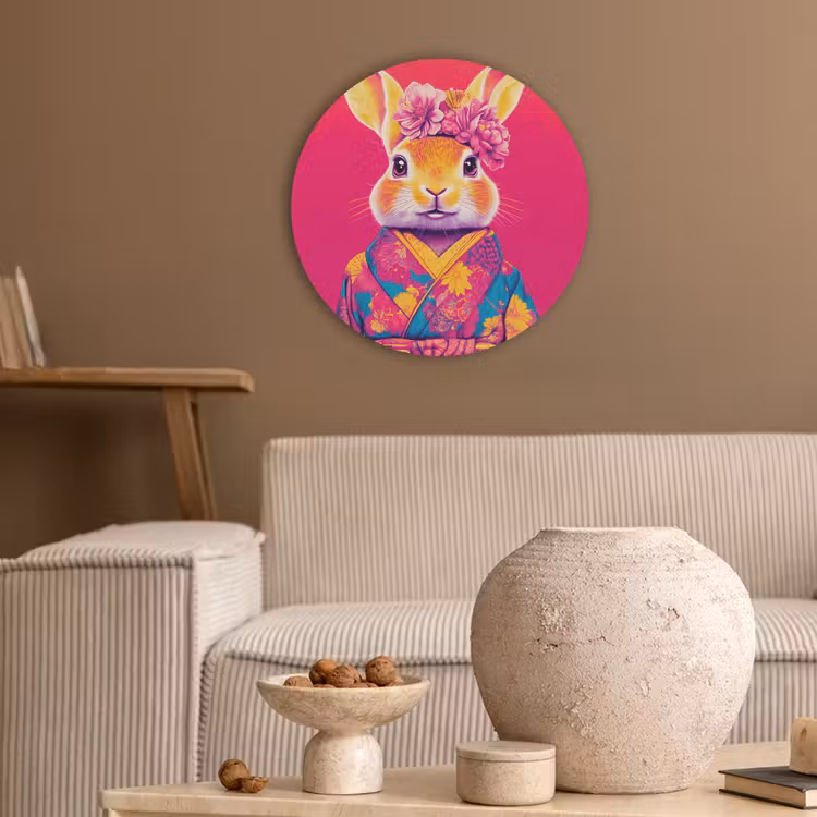 Konijn - Bloemen - Kleurrijk - Kimono Akoestische PET Vilt - Rond klein -sfeer1