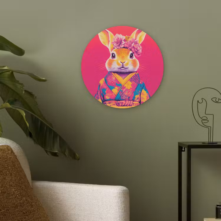 Konijn - Bloemen - Kleurrijk - Kimono Akoestische PET Vilt - Rond klein -sfeer2