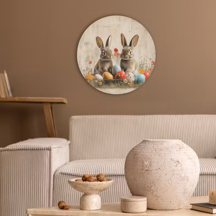 Konijnen - Bloemen - Eieren Akoestische PET Vilt - Rond klein -sfeer1