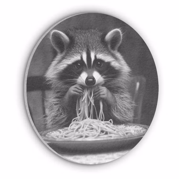 Wasbeer - Cute - Pasta - Tafelkleed - Zwart - Wit Akoestische PET Vilt - Rond klein -3d