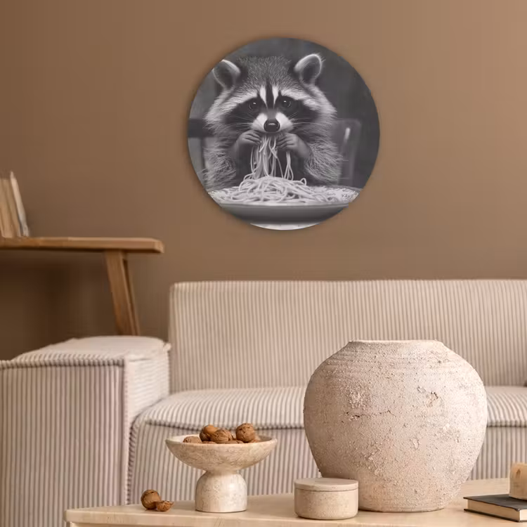 Wasbeer - Cute - Pasta - Tafelkleed - Zwart - Wit Akoestische PET Vilt - Rond klein -sfeer1