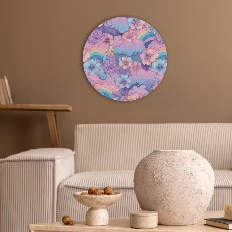 Regenbogen - Bloemen - Kleurrijk - Wolken Akoestische PET Vilt - Rond klein -sfeer1