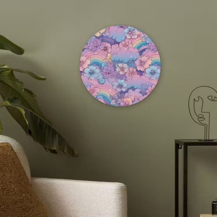 Regenbogen - Bloemen - Kleurrijk - Wolken Akoestische PET Vilt - Rond klein -sfeer2