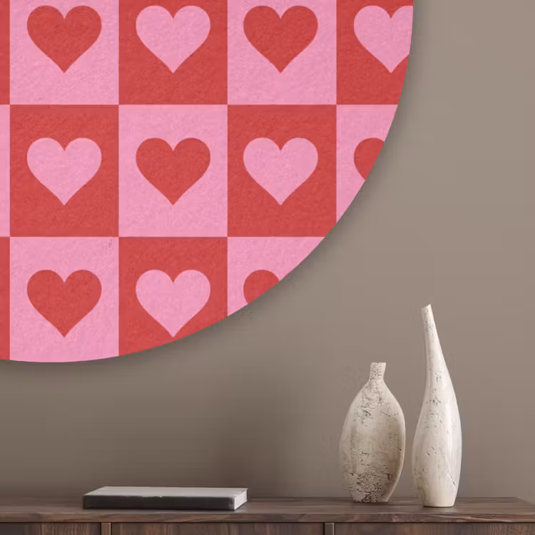 Rood - Roze - Schaakbord - Valentijn Akoestische PET Vilt - Rond klein -sfeer5_closeup