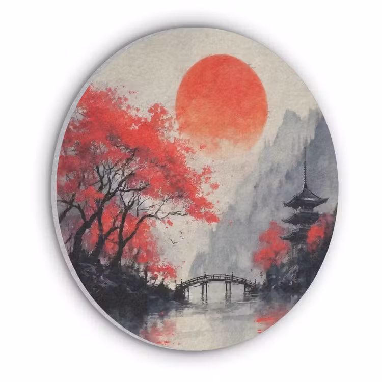 Rode zon - Rivier - brug - Bomen Akoestische PET Vilt - Rond klein -3d