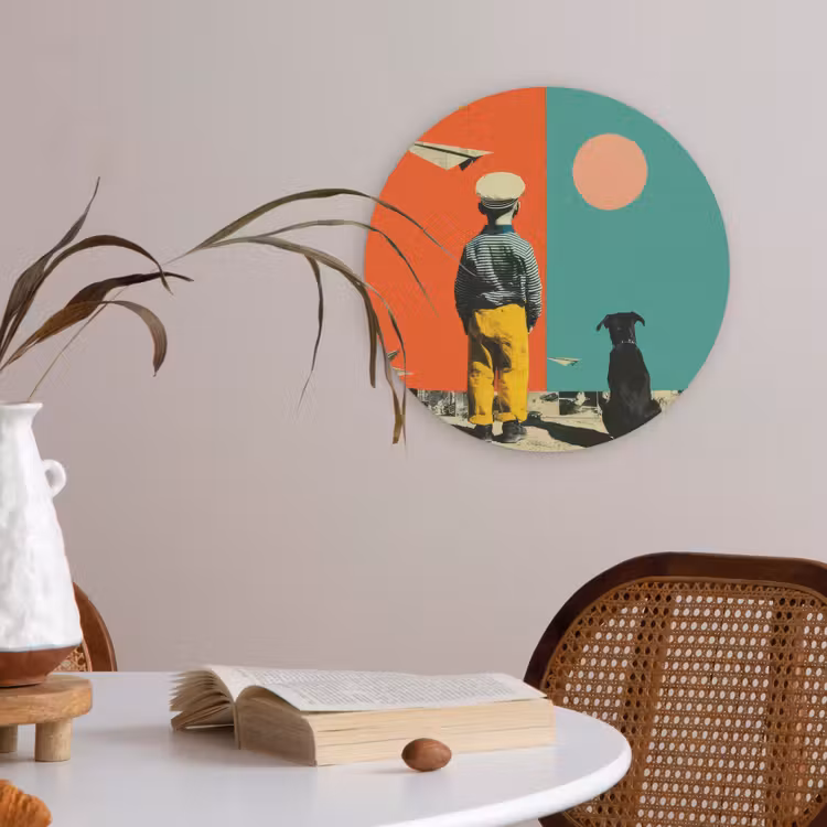 Retro - Jongen - Hond - Rood - Groen Akoestische PET Vilt - Rond klein -sfeer3