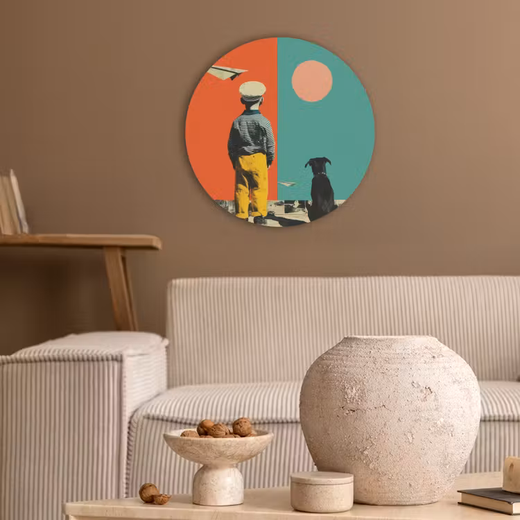 Retro - Jongen - Hond - Rood - Groen Akoestische PET Vilt - Rond klein -sfeer1