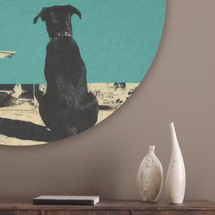 Retro - Jongen - Hond - Rood - Groen Akoestische PET Vilt - Rond klein -sfeer5_closeup