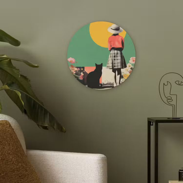 Retro - Meisje - Kat - Zon Akoestische PET Vilt - Rond klein -sfeer2