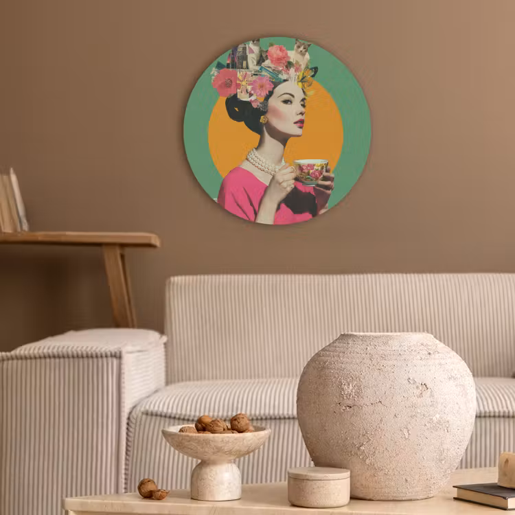Retro - Vrouw - Stad - Zon Akoestische PET Vilt - Rond klein -sfeer1