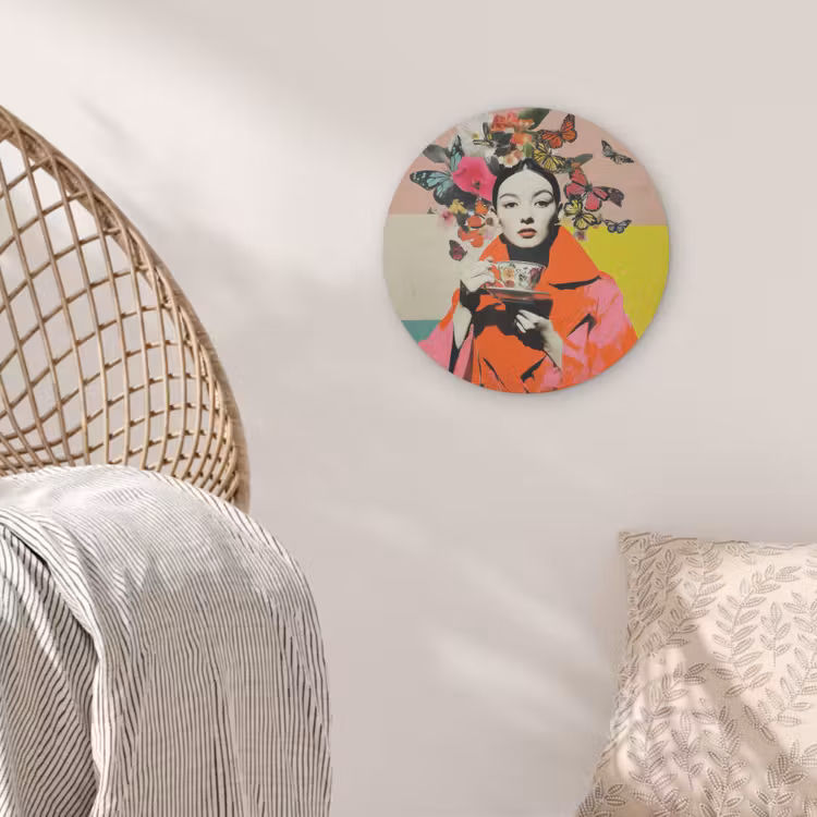 Retro - Vrouw - Kopje - Vlinders Akoestische PET Vilt - Rond klein -sfeer4
