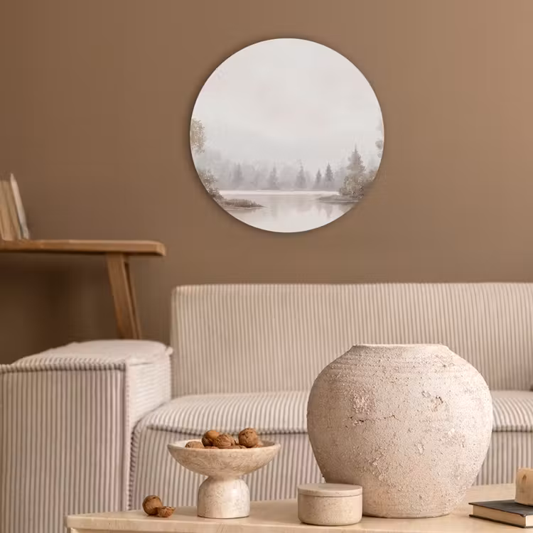 Rivierlandschap - Minimalistisch - Aardetinten Akoestische PET Vilt - Rond klein -sfeer1