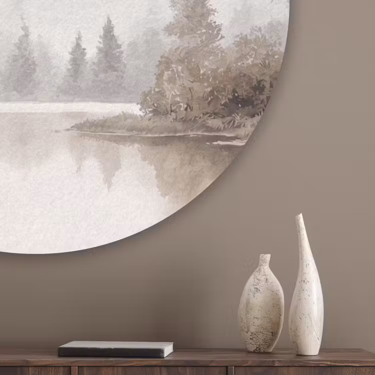 Rivierlandschap - Minimalistisch - Aardetinten Akoestische PET Vilt - Rond klein -sfeer5_closeup