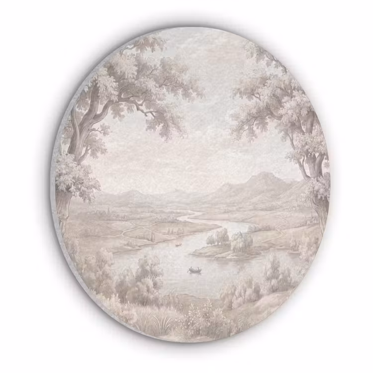 Rivierlandschap - Bergen - Natuur - Vintage - Beige Akoestische PET Vilt - Rond klein -3d
