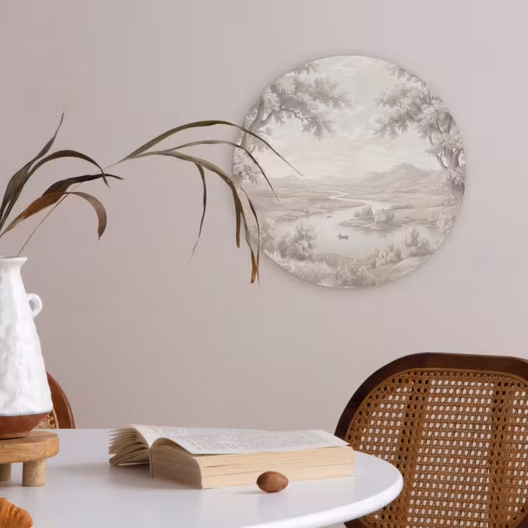 Rivierlandschap - Bergen - Natuur - Vintage - Beige Akoestische PET Vilt - Rond klein -sfeer3