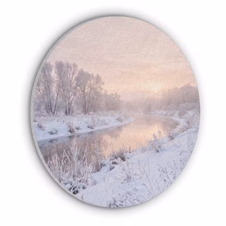 Rivier - Winter - Landschap - Sneeuw - Zonsopgang Akoestische PET Vilt - Rond klein -3d