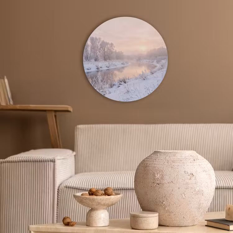 Rivier - Winter - Landschap - Sneeuw - Zonsopgang Akoestische PET Vilt - Rond klein -sfeer1