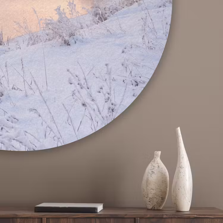 Rivier - Winter - Landschap - Sneeuw - Zonsopgang Akoestische PET Vilt - Rond klein -sfeer5_closeup