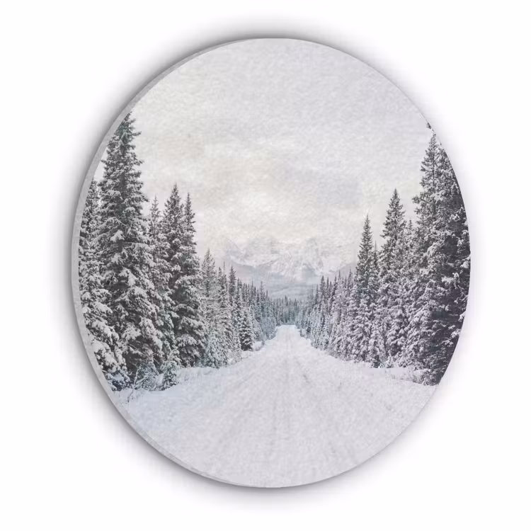 Weg - Sneeuw - Naaldbos - Winter - Avontuurlijk Akoestische PET Vilt - Rond klein -3d