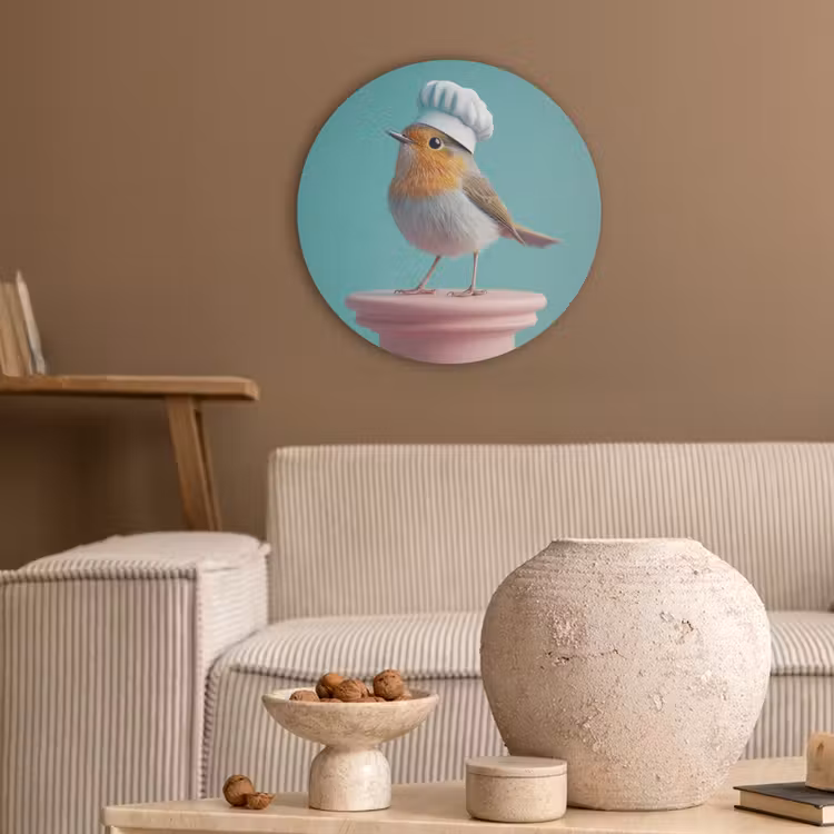 Roodborstje - Vogel - Koksmuts - Sokkel Akoestische PET Vilt - Rond klein -sfeer1
