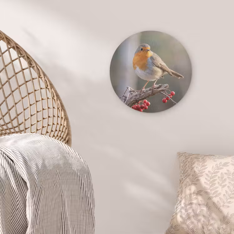 Roodborst - Tak - Bessen - Natuur Akoestische PET Vilt - Rond klein -sfeer4