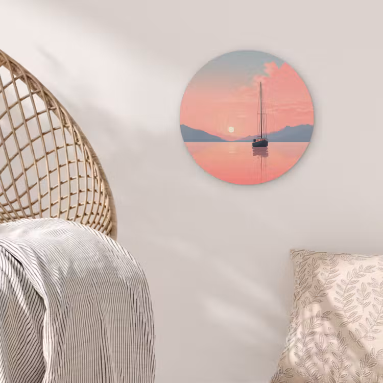 Zeilboot - Roze zee - Zonsondergang - Bergen Akoestische PET Vilt - Rond klein -sfeer4