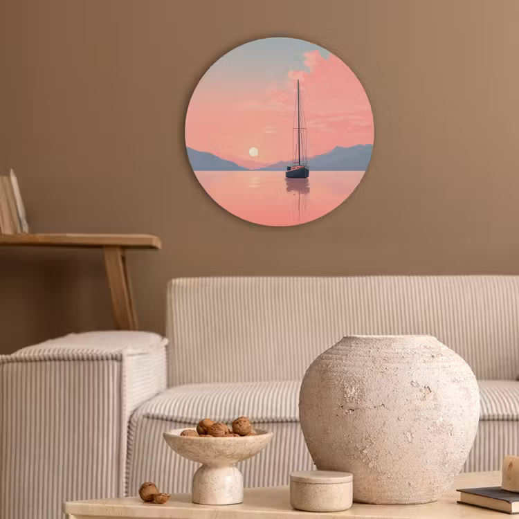 Zeilboot - Roze zee - Zonsondergang - Bergen Akoestische PET Vilt - Rond klein -sfeer1
