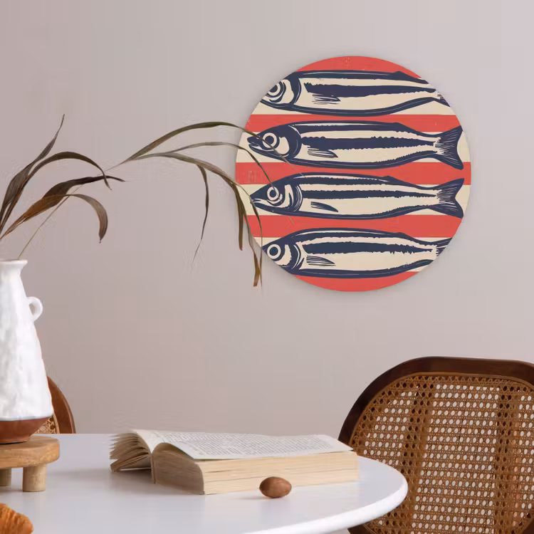 Sardines - Rood en beige strepen Akoestische PET Vilt - Rond klein -sfeer3