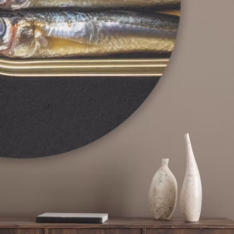 Sardines - Tekst - Vis - Blik Akoestische PET Vilt - Rond klein -sfeer5_closeup