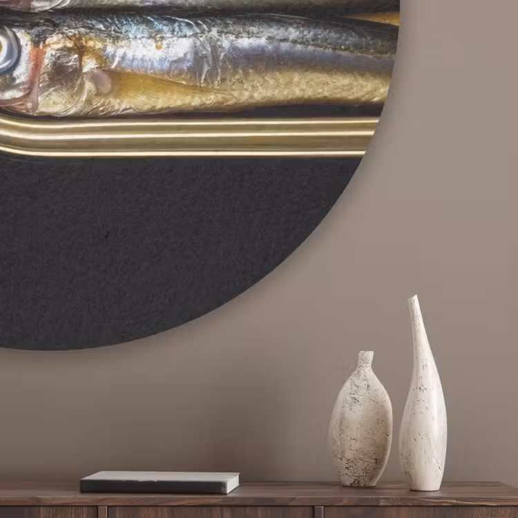 Sardines - Blik - Zwart - Vissen Akoestische PET Vilt - Rond klein -sfeer5_closeup