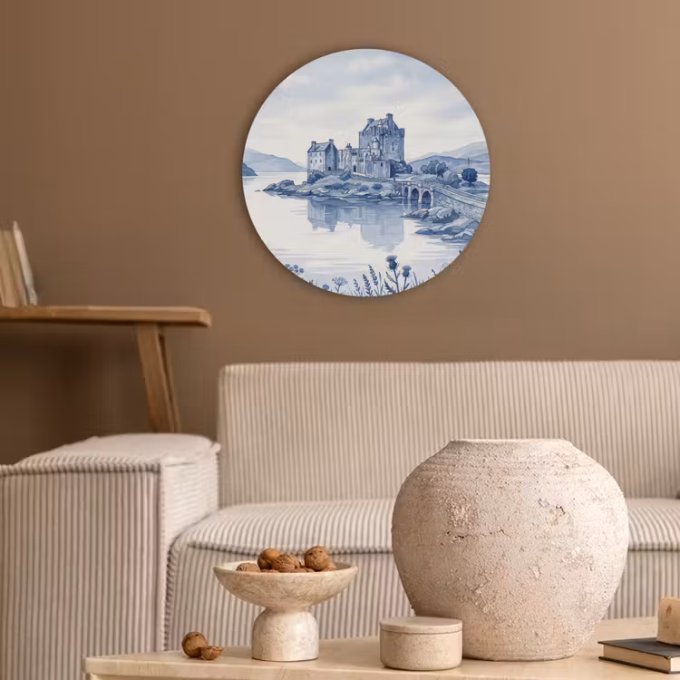 Schots - Kasteel - Blauw - Aquarel Akoestische PET Vilt - Rond klein -sfeer1