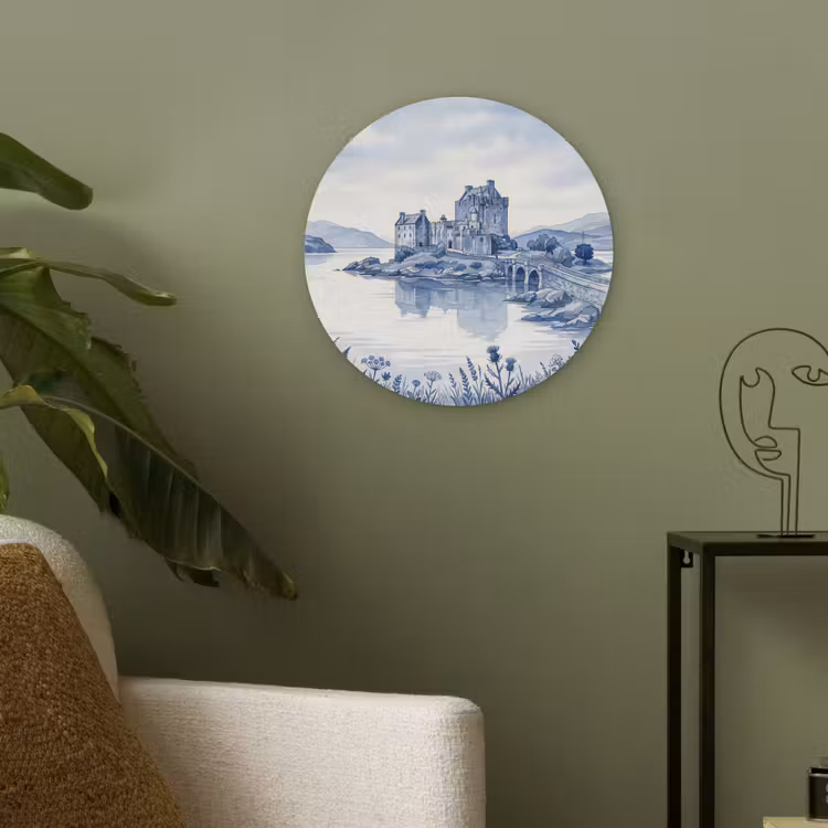 Schots - Kasteel - Blauw - Aquarel Akoestische PET Vilt - Rond klein -sfeer2