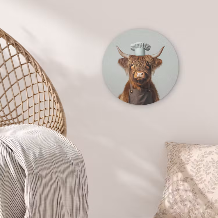 Schotse Hooglander - Bruin - Hoorns - Kokskleding Akoestische PET Vilt - Rond klein -sfeer4
