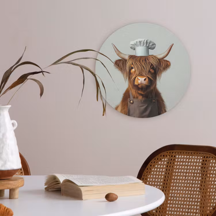 Schotse Hooglander - Bruin - Hoorns - Kokskleding Akoestische PET Vilt - Rond klein -sfeer3