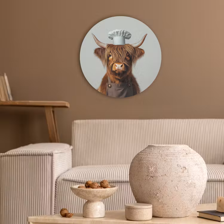 Schotse Hooglander - Bruin - Hoorns - Kokskleding Akoestische PET Vilt - Rond klein -sfeer1