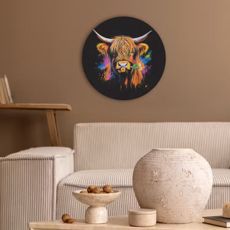 Schotse Hooglander - Graffiti - Kleurrijk - Bloem - Dieren Akoestische PET Vilt - Rond klein -sfeer1