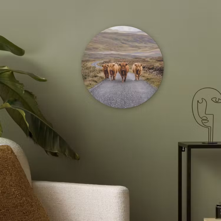Schotse Hooglanders - Weg - Landschap - Kudde Akoestische PET Vilt - Rond klein -sfeer2