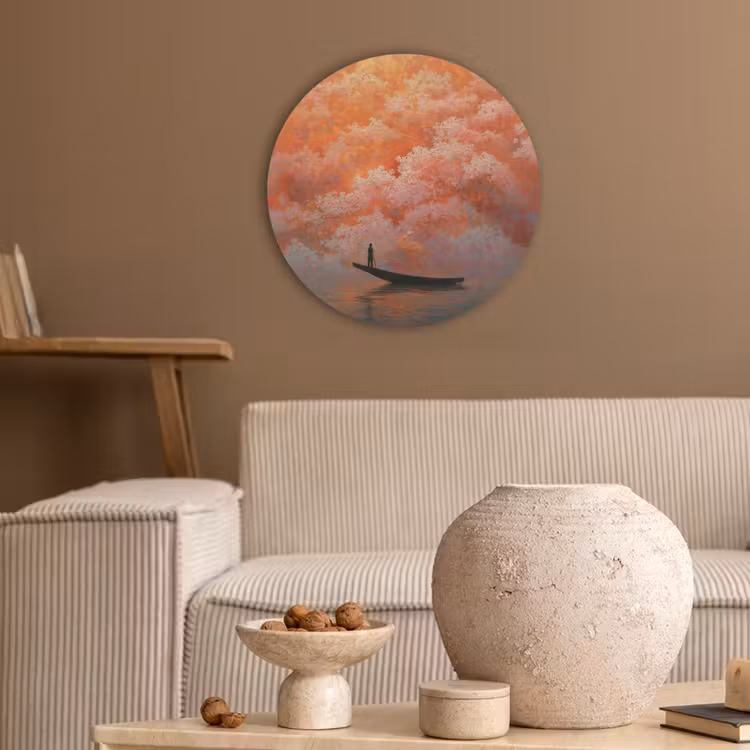 Zee - Boot - Wolken - Oranje Akoestische PET Vilt - Rond klein -sfeer1